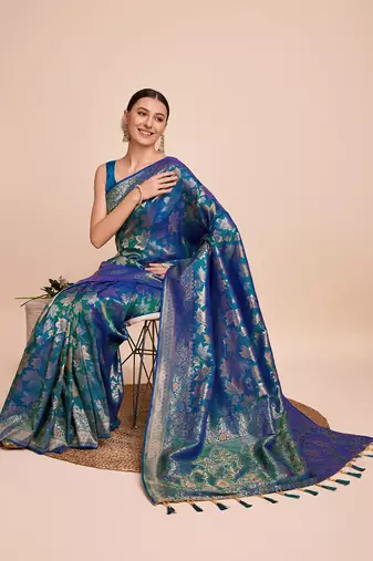 Firozi Weaving Copper zari Handloom silk blend Ethnic Ceremonial Saree Rich Looks