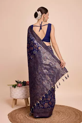 Navy Blue Weaving Copper zari Handloom silk blend Ethnic Ceremonial Saree Rich Looks