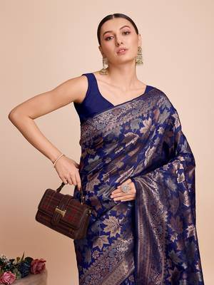 Navy Blue Weaving Copper zari Handloom silk blend Ethnic Ceremonial Saree Rich Looks 3