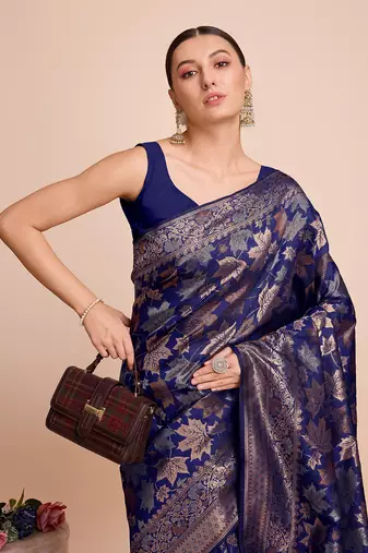 Navy Blue Weaving Copper zari Handloom silk blend Ethnic Ceremonial Saree Rich Looks