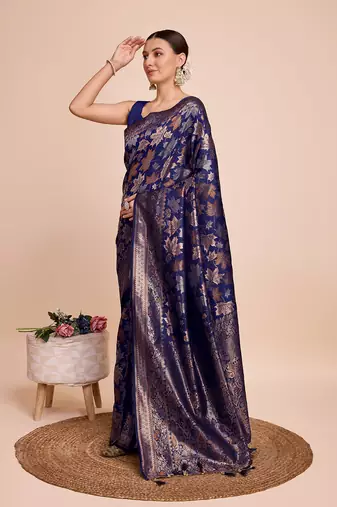 Navy Blue Weaving Copper zari Handloom silk blend Ethnic Ceremonial Saree Rich Looks