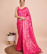Pink Weaving Copper Jari Designer Handloom Silk Ethnic Ceremonial Saree For Rich Looks