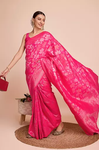 Pink Weaving Copper zari Handloom silk blend Ethnic Ceremonial Saree Rich Looks