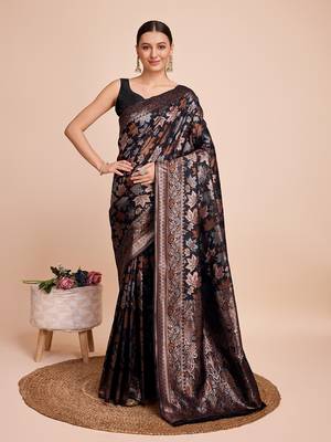 Black Weaving Copper zari Handloom silk blend Ethnic Ceremonial Saree Rich Looks 1