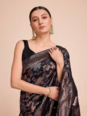 Black Weaving Copper zari Handloom silk blend Ethnic Ceremonial Saree Rich Looks 3