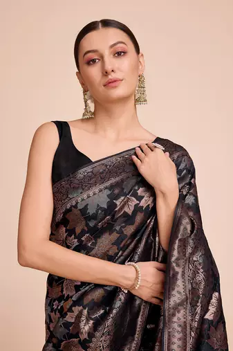 Black Weaving Copper zari Handloom silk blend Ethnic Ceremonial Saree Rich Looks