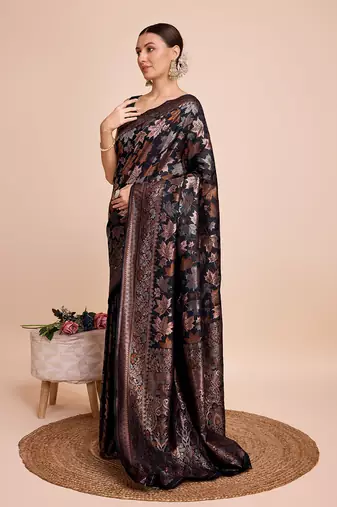 Black Weaving Copper zari Handloom silk blend Ethnic Ceremonial Saree Rich Looks