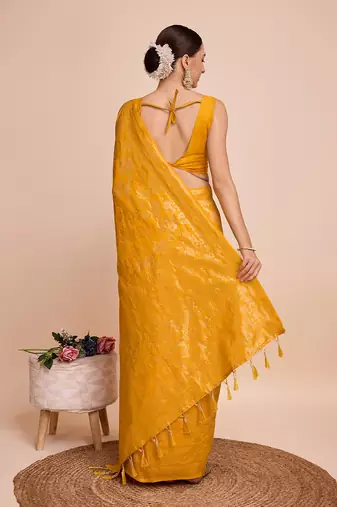 Mustard Weaving Copper zari Handloom silk blend Ethnic Ceremonial Saree Rich Looks