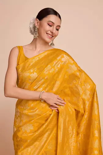 Mustard Weaving Copper zari Handloom silk blend Ethnic Ceremonial Saree Rich Looks