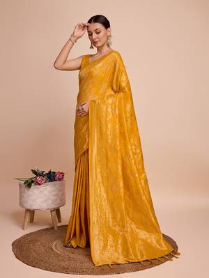 Mustard Weaving Copper zari Handloom silk blend Ethnic Ceremonial Saree Rich Looks 4
