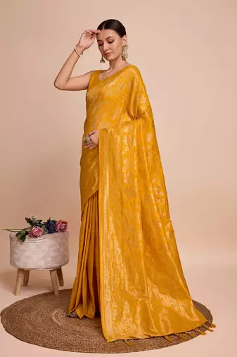 Mustard Weaving Copper zari Handloom silk blend Ethnic Ceremonial Saree Rich Looks