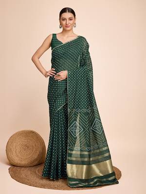 Green Ethnic Woven Parttern And Bandhani Printed Rajasthani Traditional Cotton c Saree 1