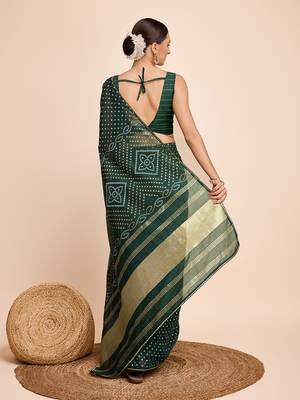 Green Ethnic Woven Parttern And Bandhani Printed Rajasthani Traditional Cotton c Saree 2