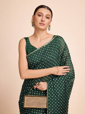 Green Ethnic Woven Parttern And Bandhani Printed Rajasthani Traditional Cotton c Saree 3