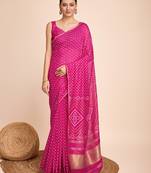 Pink Colour Ethnic Woven Parttern And Bandhani Printed Rajasthani Traditional Cotton Fabric Saree