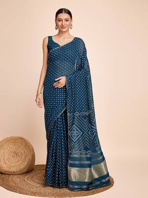 Teal Ethnic Woven Parttern And Bandhani Printed Rajasthani Traditional Cotton c Saree 1
