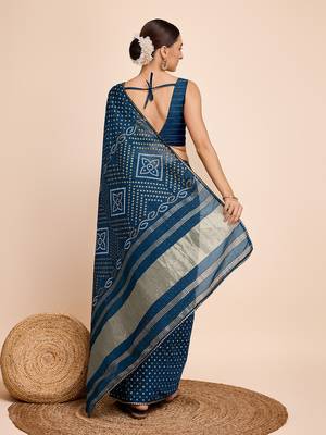 Teal Ethnic Woven Parttern And Bandhani Printed Rajasthani Traditional Cotton c Saree 2