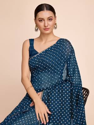 Teal Ethnic Woven Parttern And Bandhani Printed Rajasthani Traditional Cotton c Saree 3