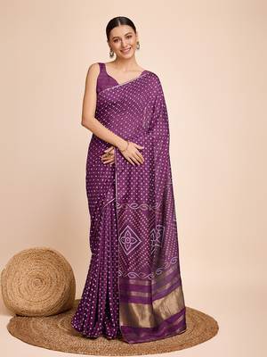 Purple Ethnic Woven Parttern And Bandhani Printed Rajasthani Traditional Cotton c Saree 1
