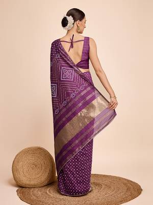 Purple Ethnic Woven Parttern And Bandhani Printed Rajasthani Traditional Cotton c Saree 2