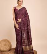 Wine Ethnic Woven Parttern And Bandhani Printed Rajasthani Traditional Cotton c Saree
