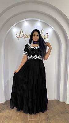 Black Thread work georgette gown with dupatta sets 1