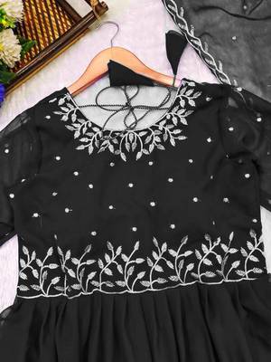 Black Thread work georgette gown with dupatta sets 2