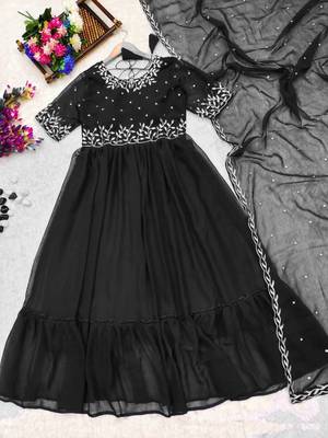 Black Thread work georgette gown with dupatta sets 3