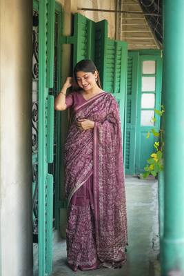 Graceful Batik Printed With Embroidery Work Pink tussar silk blend Ethnic Indian Festivewear Ceremonial Saree 1