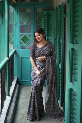 Graceful Batik Printed With Embroidery Work Grey tussar silk blend Ethnic Indian Festivewear Ceremonial Saree 1