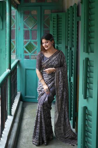 Graceful Batik Printed With Embroidery Work Grey tussar silk blend Ethnic Indian Festivewear Ceremonial Saree
