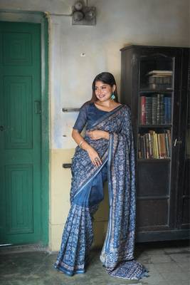 Graceful Batik Printed With Embroidery Work Blue tussar silk blend Ethnic Indian Festivewear Ceremonial Saree 1