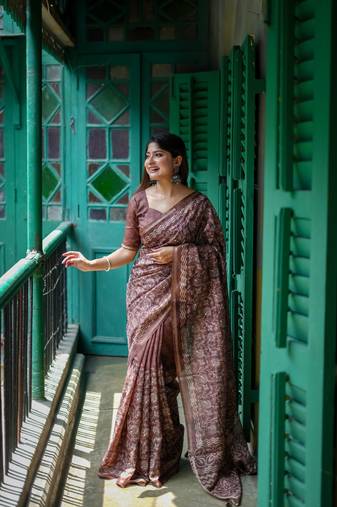 Graceful Batik Printed With Embroidery Work Brown tussar silk blend Ethnic Indian Festivewear Ceremonial Saree