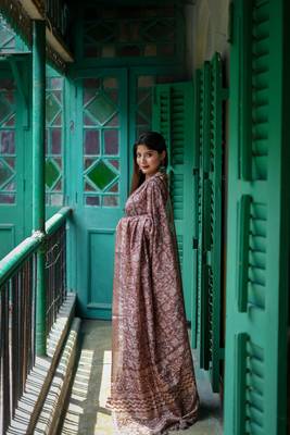 Graceful Batik Printed With Embroidery Work Brown tussar silk blend Ethnic Indian Festivewear Ceremonial Saree 2
