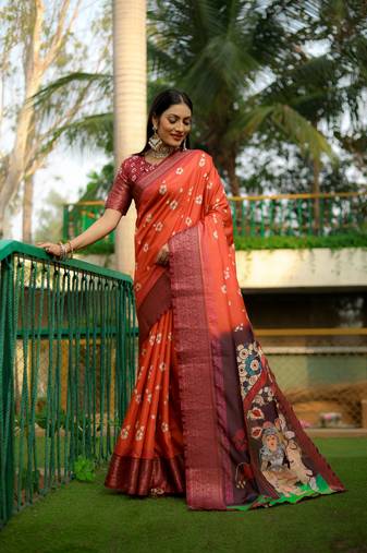 Orange Woven border saree with kalamkari digital printed dola silk saree for graceful traditional ethnic looks