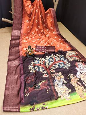 Orange Woven border saree with kalamkari digital printed dola silk blend saree graceful traditional ethnic looks 3