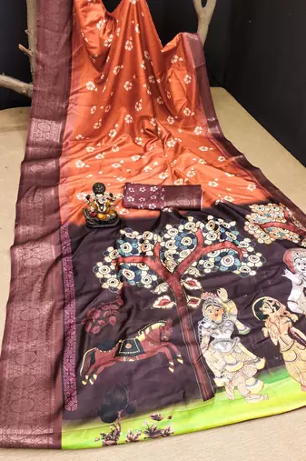 Orange Woven border saree with kalamkari digital printed dola silk blend saree graceful traditional ethnic looks
