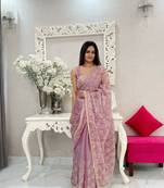 Onion colour beautiful girlish looks jimmy choo fabric saree for wedding party looks with sequins and zari work