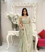 Pista colour beautiful girlish looks jimmy choo fabric saree for wedding party looks with sequins and zari work