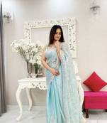 Sky blue colour beautiful girlish looks jimmy choo fabric saree for wedding party looks with sequins and zari work