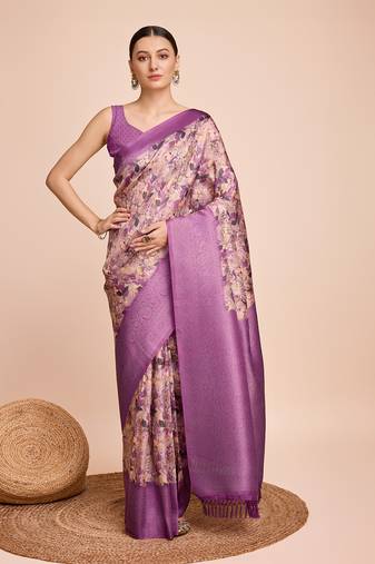  kanjivaram silk saree in graceful purple with designer floral print