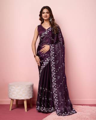  And Graceful Burberry Silk c Wine Girlish Sequins Work Partywear Saree 1
