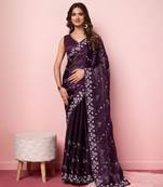 Designer And Graceful Burberry Silk c Wine Girlish Sequins Work Partywear Saree