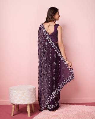  And Graceful Burberry Silk c Wine Girlish Sequins Work Partywear Saree 2