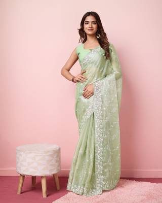  And Graceful Burberry Silk c Pista Girlish Sequins Work Partywear Saree 1