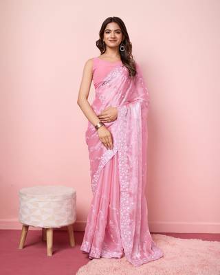  And Graceful Burberry Silk c Pink Girlish Sequins Work Partywear Saree 1