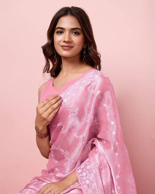  And Graceful Burberry Silk c Pink Girlish Sequins Work Partywear Saree 3