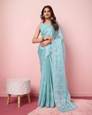  And Graceful Burberry Silk c Blue Girlish Sequins Work Partywear Saree 1