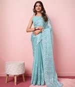 Designer And Graceful Burberry Silk c Blue Girlish Sequins Work Partywear Saree