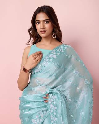  And Graceful Burberry Silk c Blue Girlish Sequins Work Partywear Saree 3